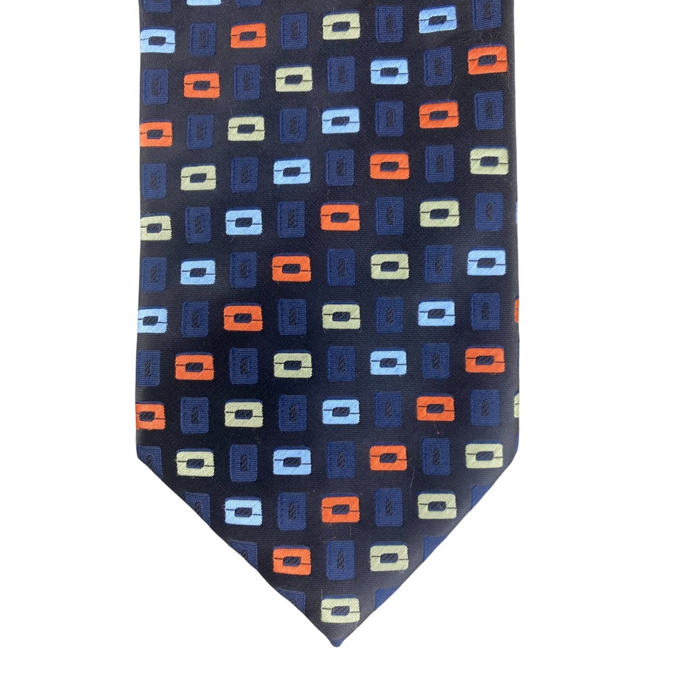 Bergamo New York Mens Tie X-Long Navy Blue Geometric Orange Blue Green 62"X4"